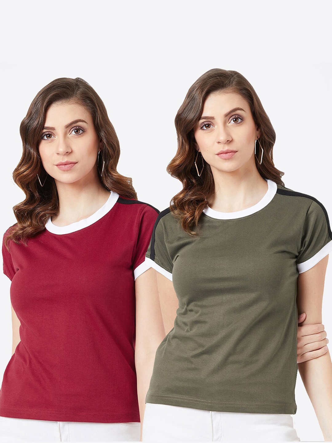 

The Dry State Women Pack of 2 Red & Olive Green T-shirts