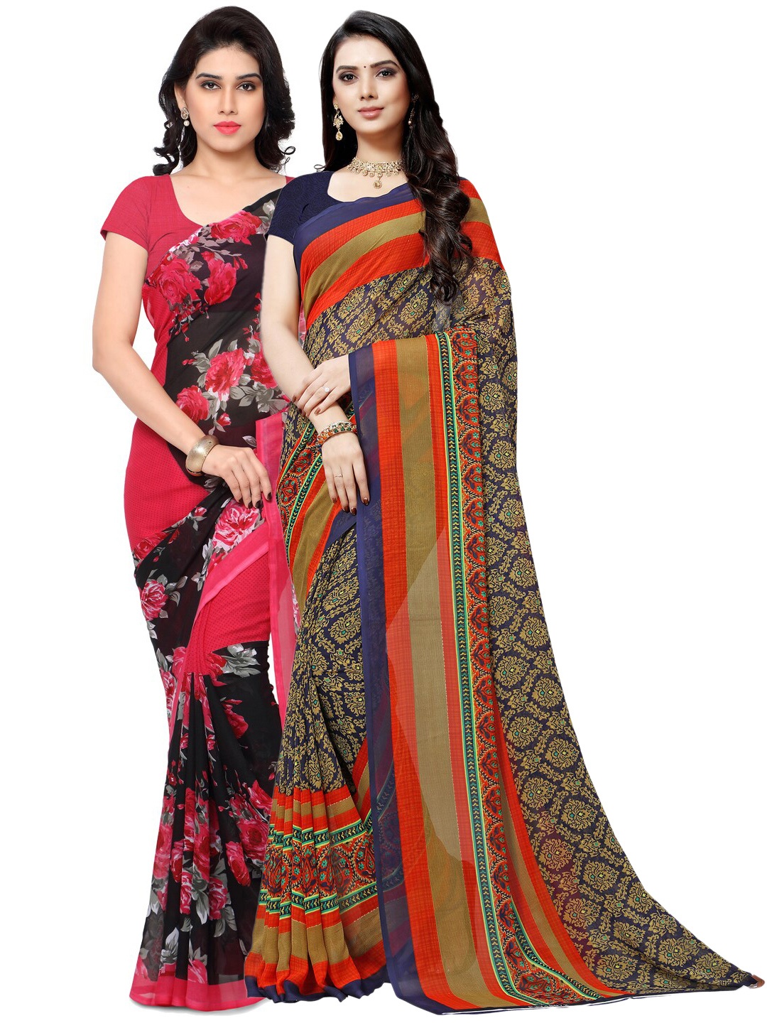 

ANAND SAREES Pack of 2 Navy Blue & Pink Ethnic Motifs Poly Georgette Saree