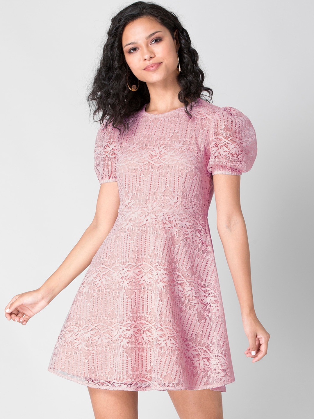 

FabAlley Women Pink Lace Dress With puff Sleeves