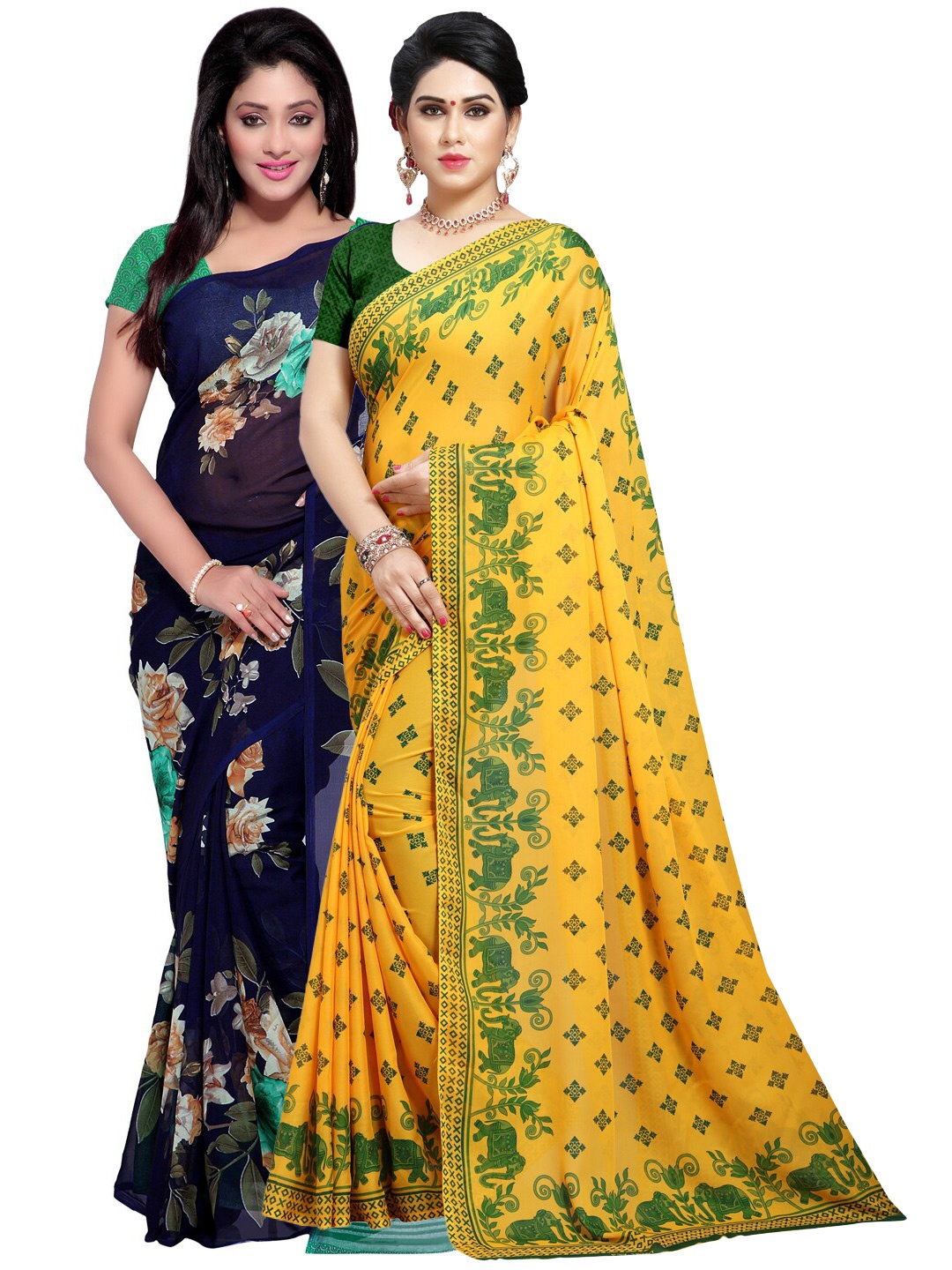 

ANAND SAREES Pack of 2 Navy Blue & Yellow Floral Poly Georgette Saree