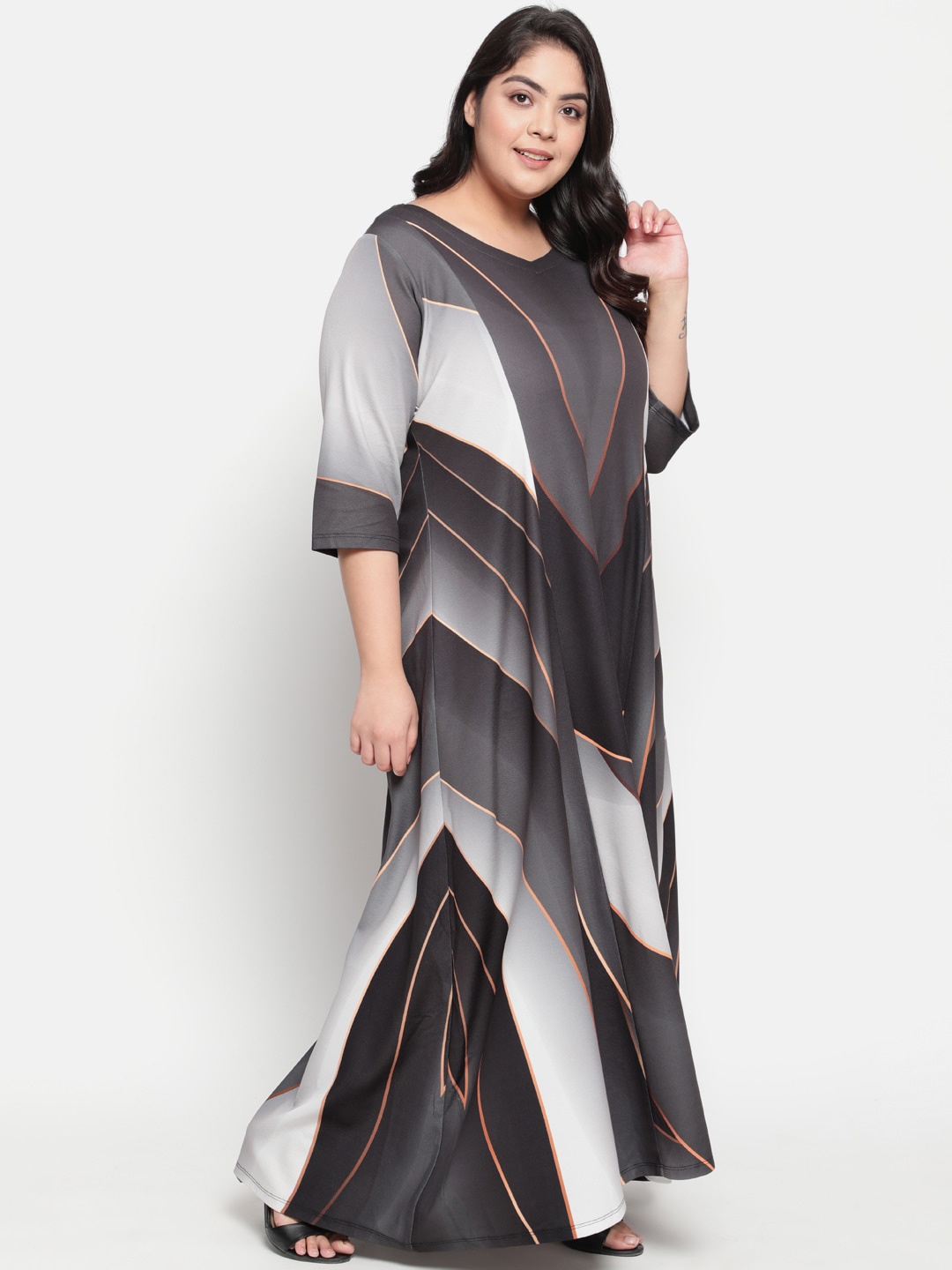 

Amydus Women Plus Size Grey Striped Maxi A-Line Dress