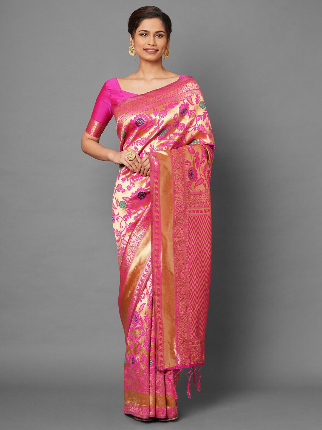 

Mitera Pink & Gold-Toned Woven Design Zari Silk Blend Banarasi Saree