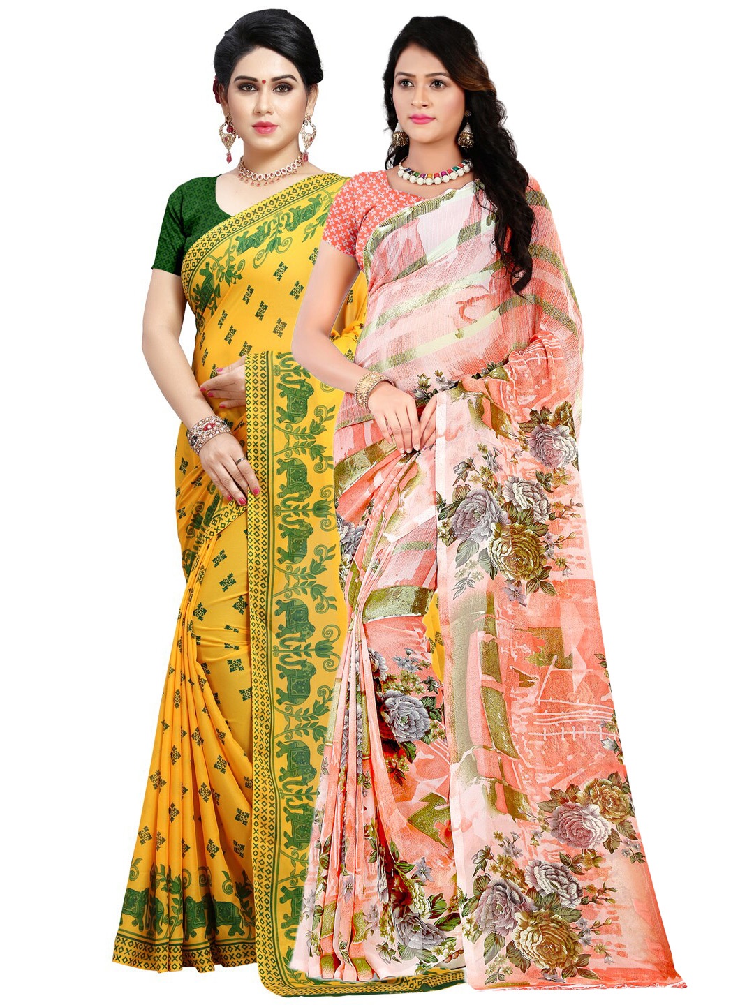 

ANAND SAREES Yellow & Pink Pack of 2 Printed Sarees