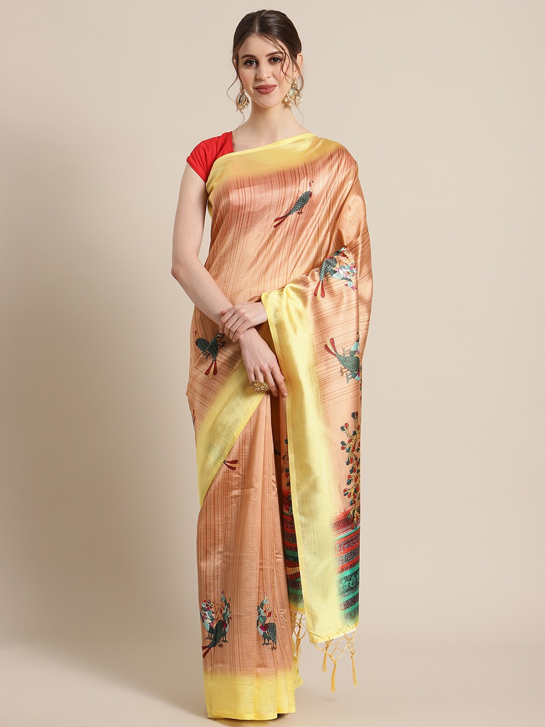 

KSUT Camel Brown & Red Ethnic Motifs Art Silk Saree