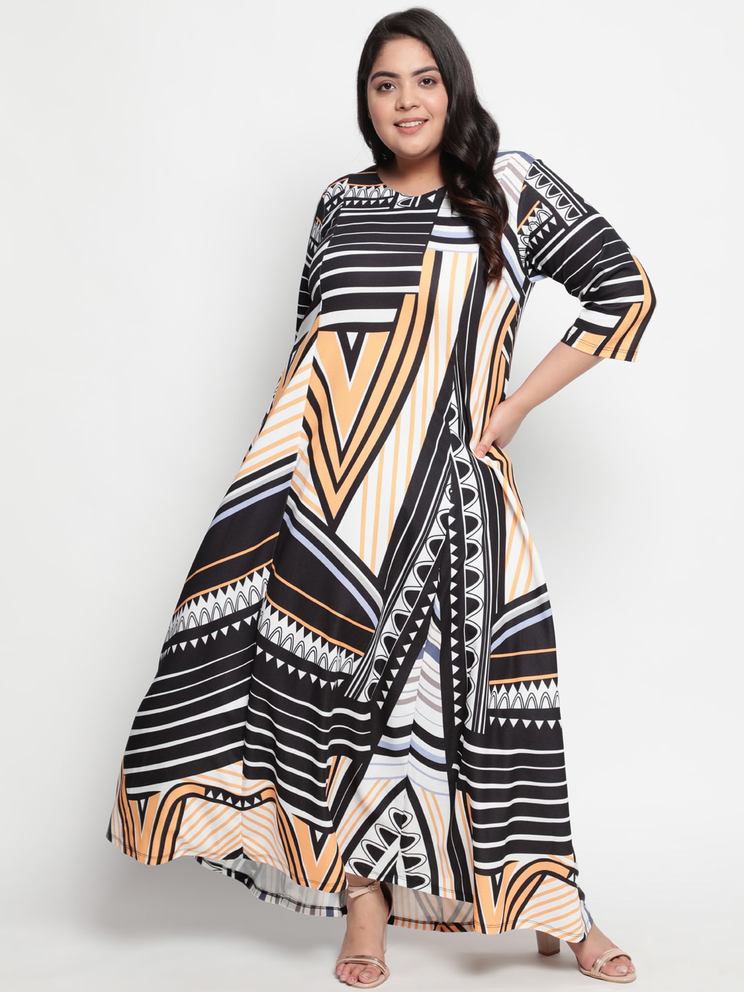 

Amydus Women Plus Size Black Geometric Printed Maxi Dress