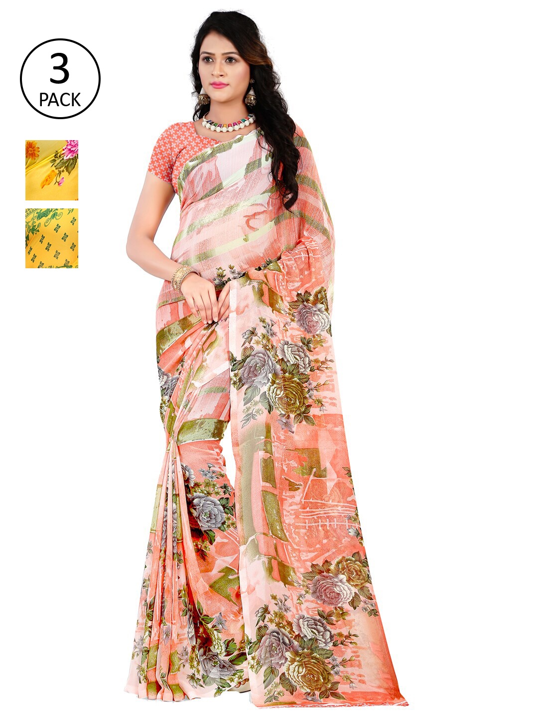 

ANAND SAREES Pack Of 3 Poly Georgette Sarees, Peach