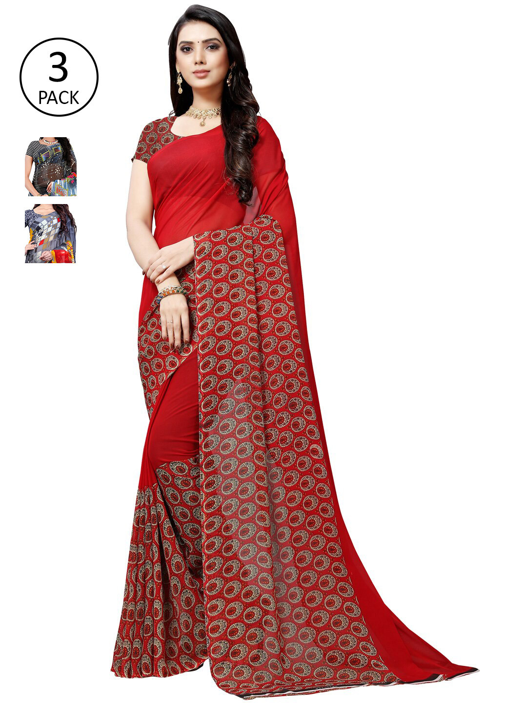 

ANAND SAREES Pack of 3 Poly Georgette Sarees, Blue