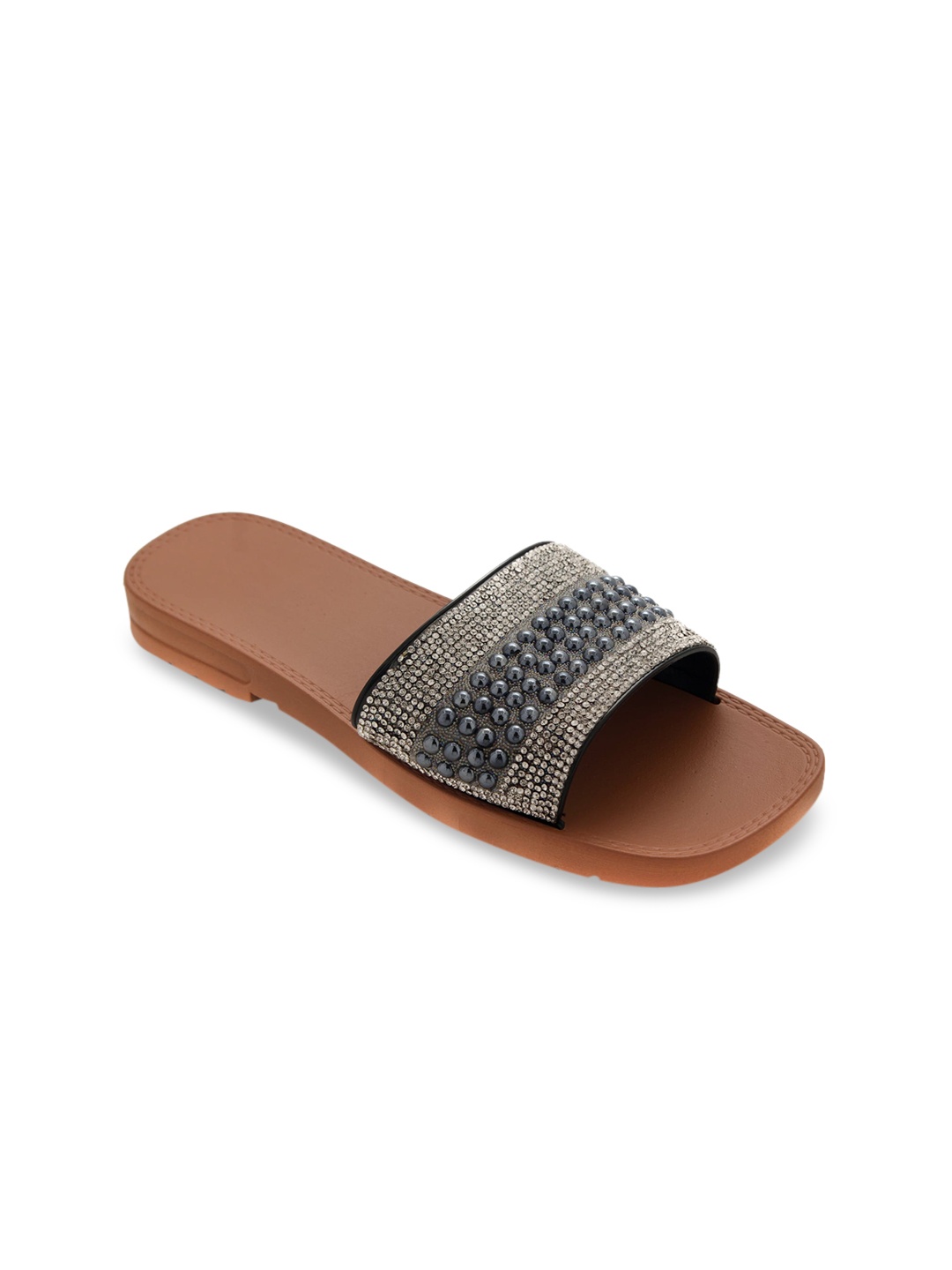 

TRENDS & TRADES Women Grey Embellished Leather Party Open Toe Flats