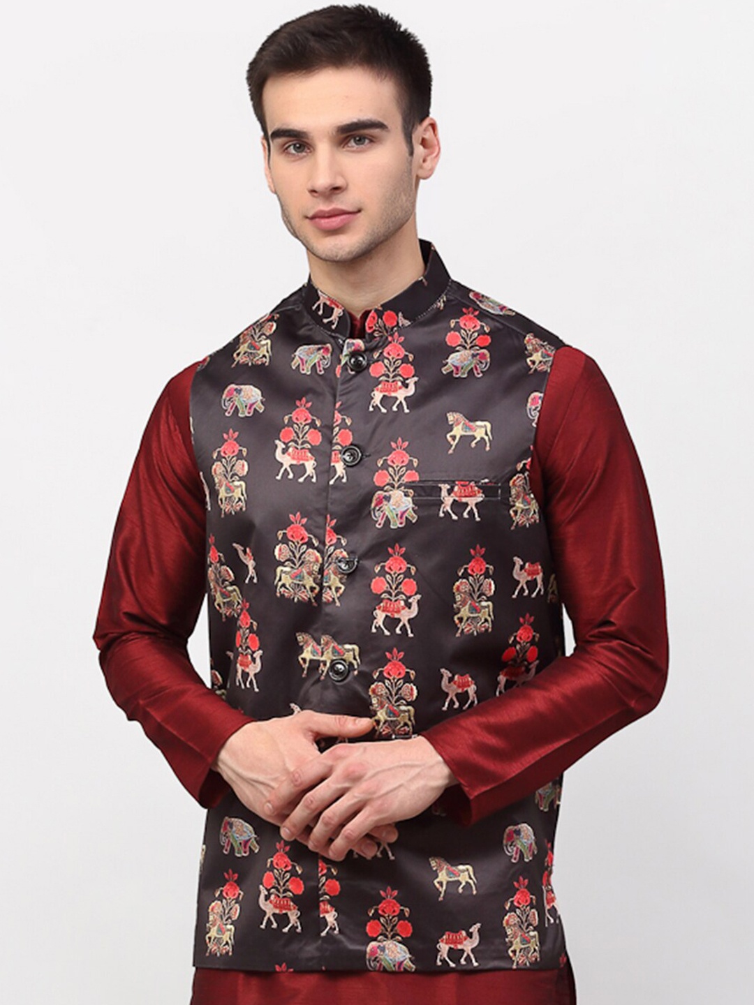 

Jompers Men Red & Black Printed Satin Nehru Jacket