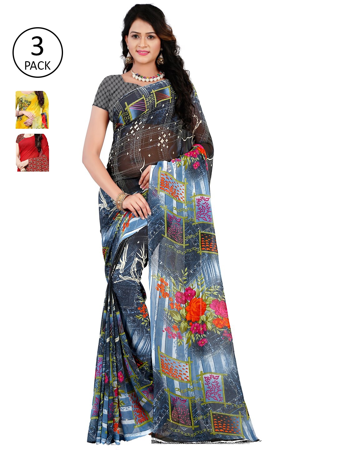 

ANAND SAREES Pack of 3 Poly Georgette Saree, Grey
