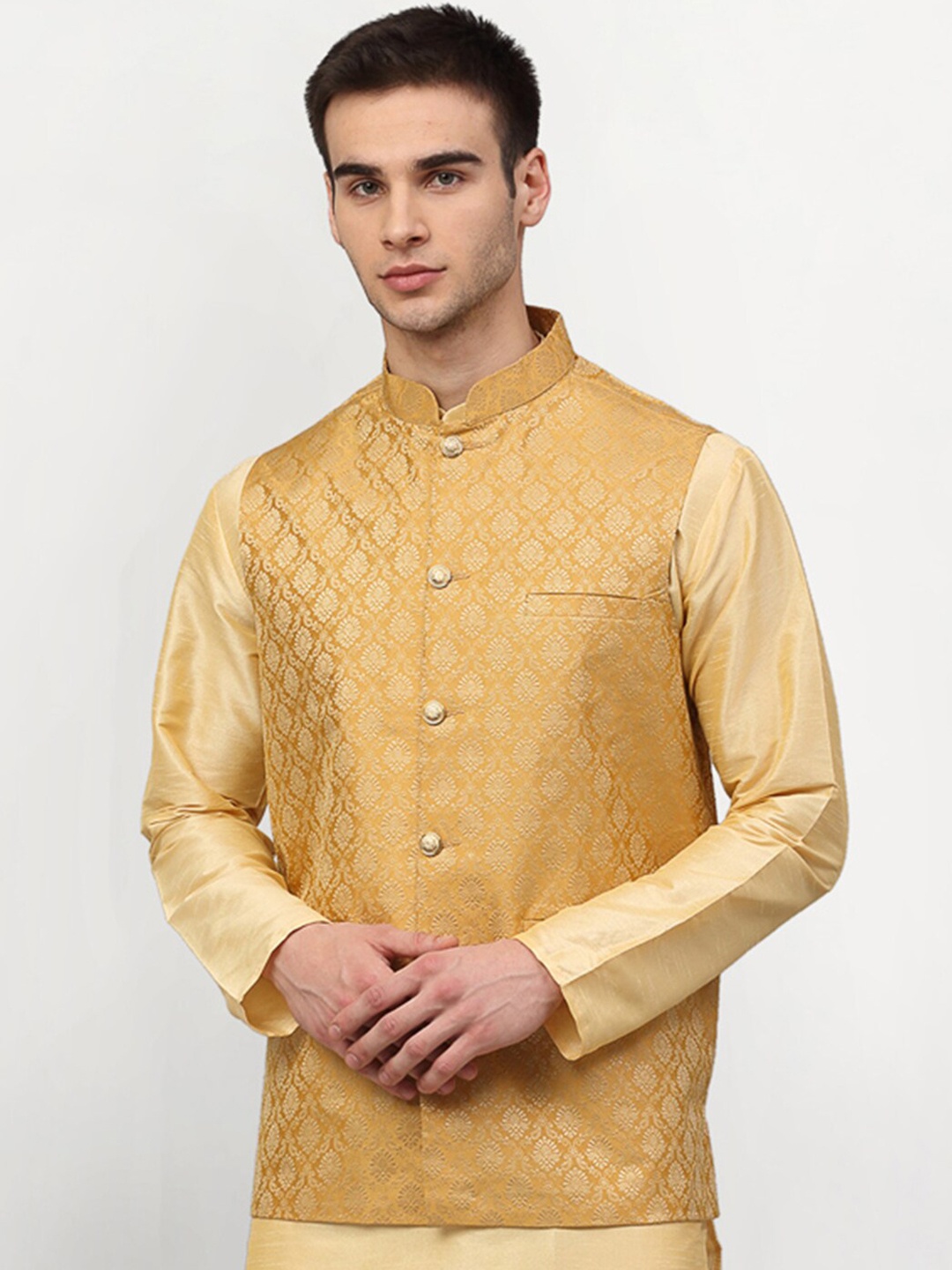 Jompers Men Gold-Coloured Woven-Design Nehru Jacket