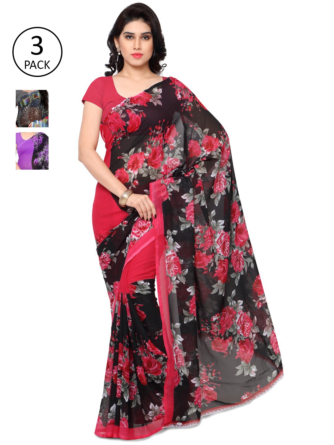 

ANAND SAREES Pack Of 3 Purple & Pink Poly Georgette Floral Saree