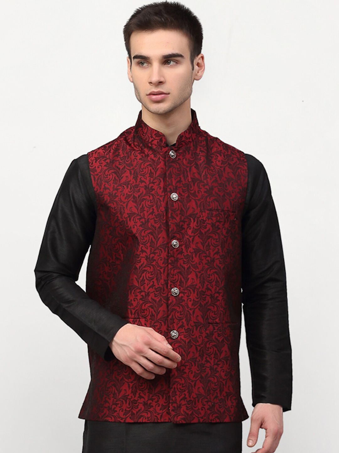 Jompers Men Maroon Woven Design Nehru Jacket