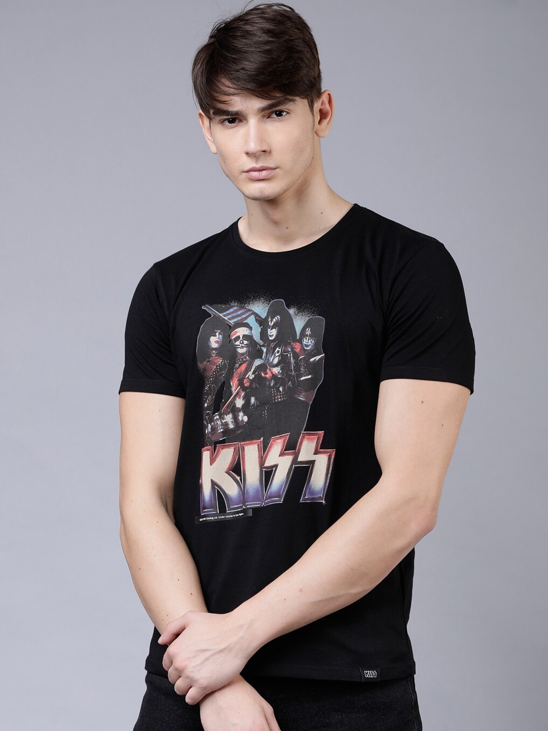 

LOCOMOTIVE Men Black KISS Band Cotton Printed Slim Fit T-shirt