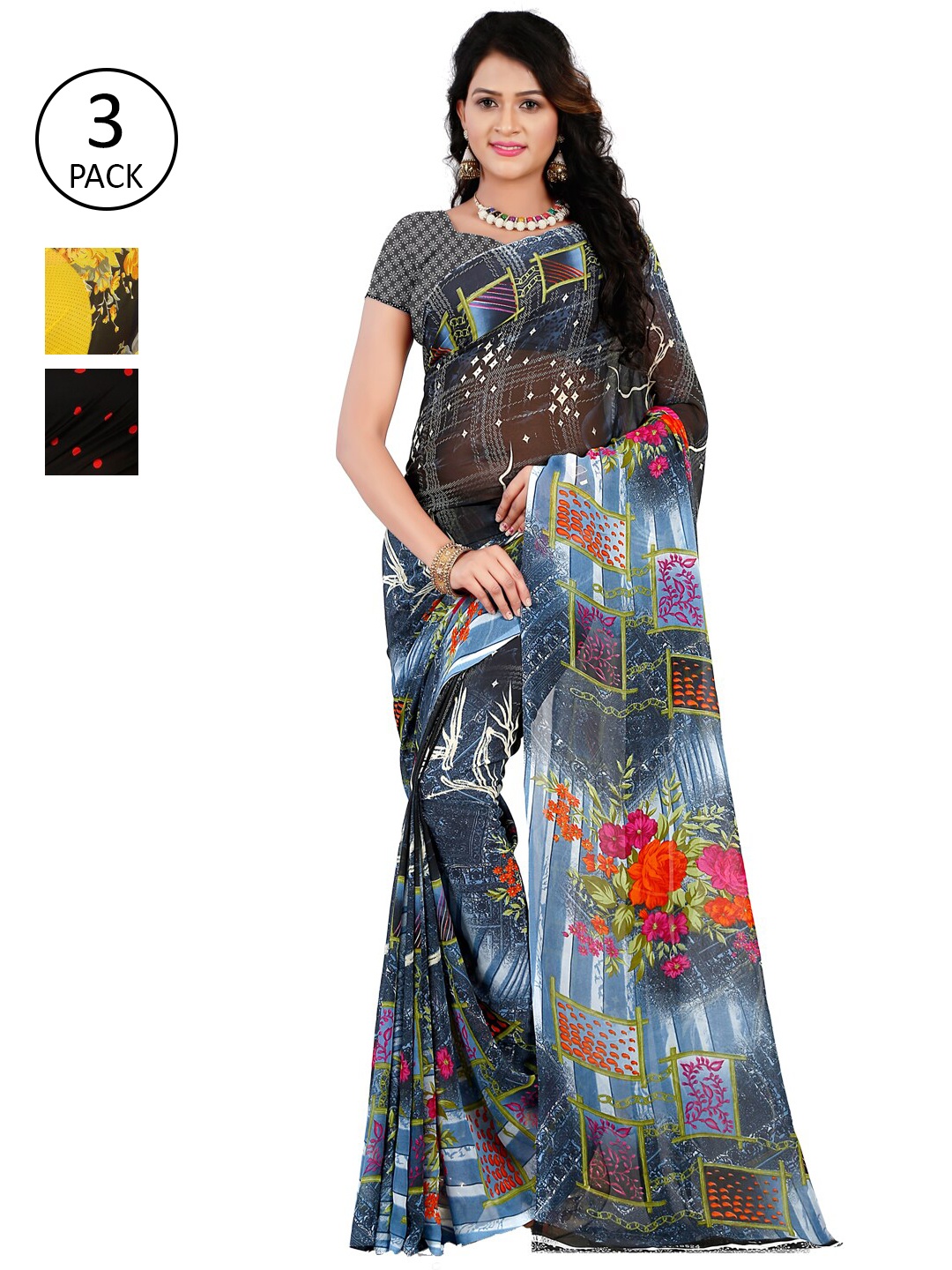 

ANAND SAREES Pack Of 3 Blue & Yellow Poly Georgette Floral Saree