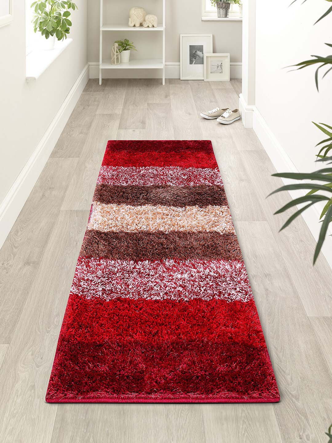 

ROMEE Red & Beige Striped Shaggy Rectangular Floor Runner