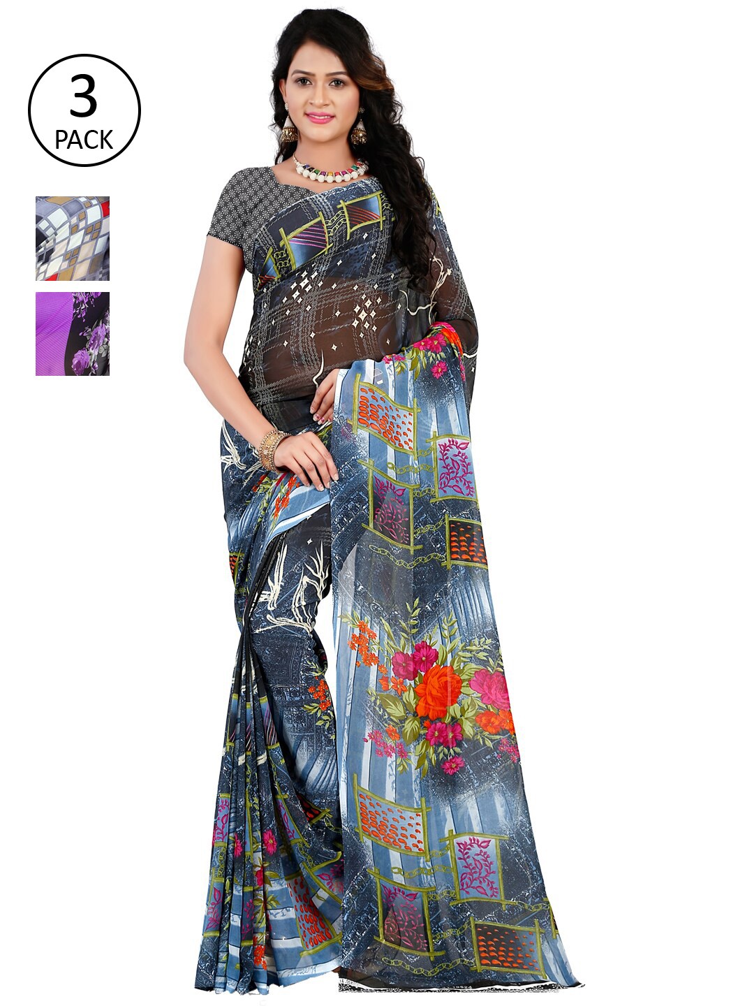 

ANAND SAREES Pack of 3 Printed Poly Georgette Saree, Multi