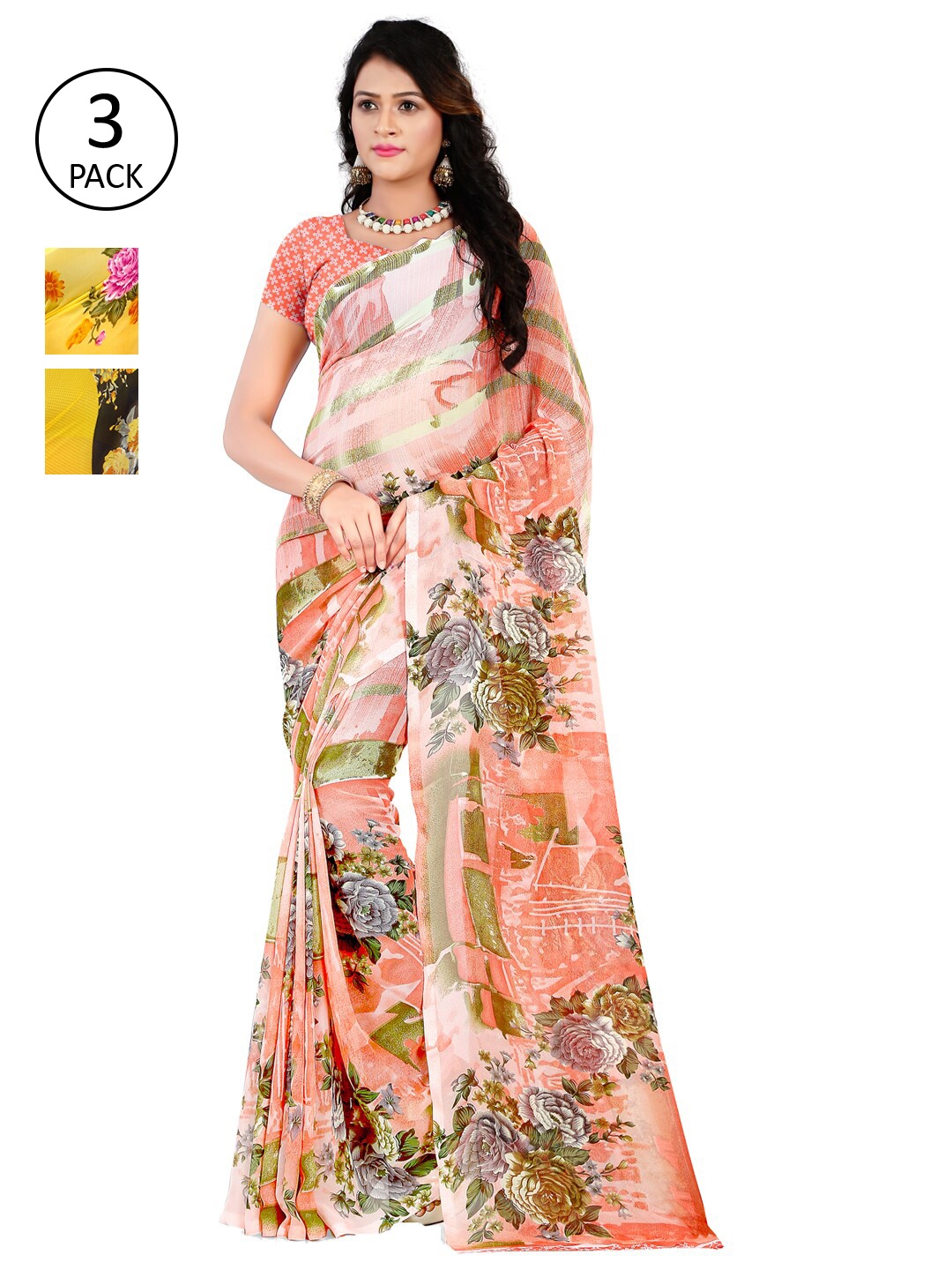 

ANAND SAREES Pack of 3 Printed Poly Georgette Saree, Multi