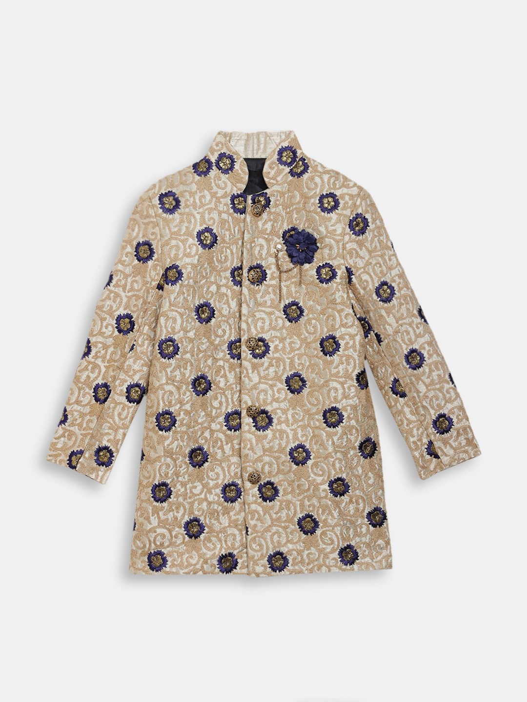 

Blue Giraffe Boys Beige & Blue Floral Woven-Design Sherwani