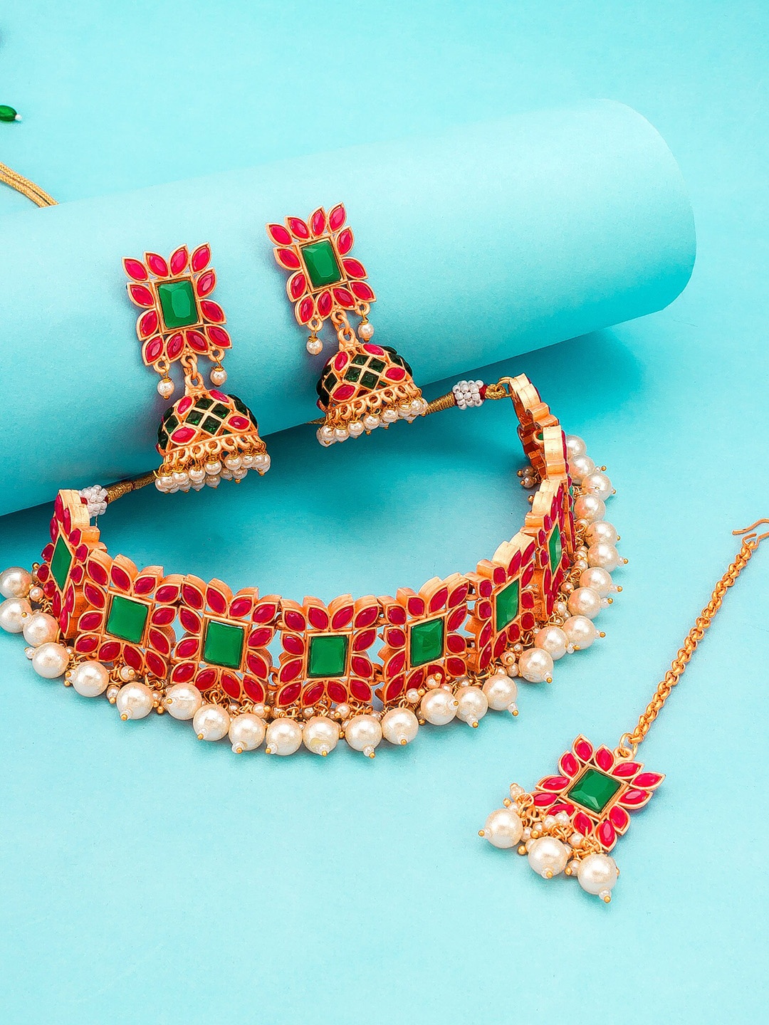 

aadita Gold-Plated Pink & Green Stone-Studded & Beaded Temple Jewellery Set