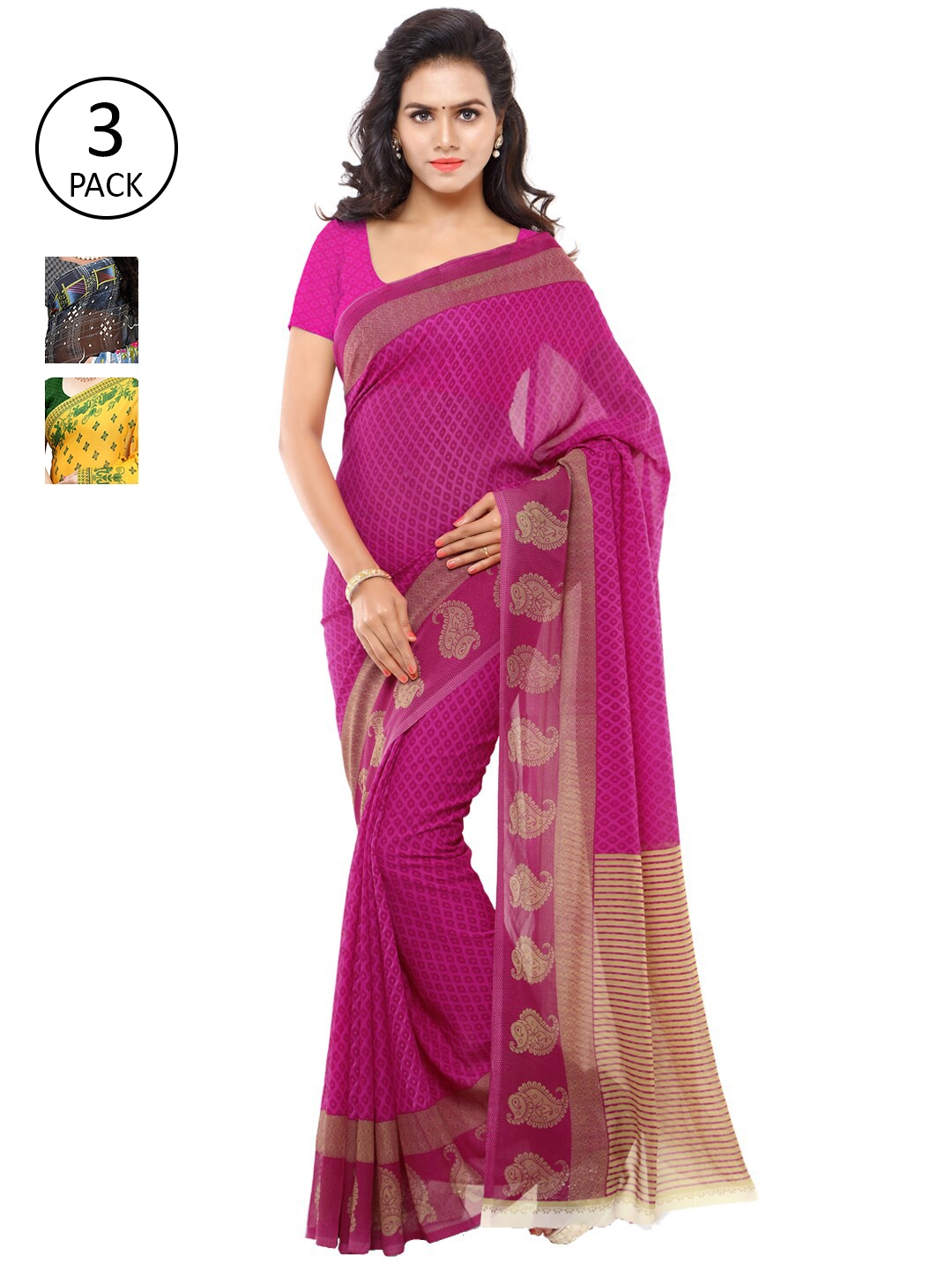 

ANAND SAREES Pack Of 3 Poly Georgette Floral Sarees, Grey