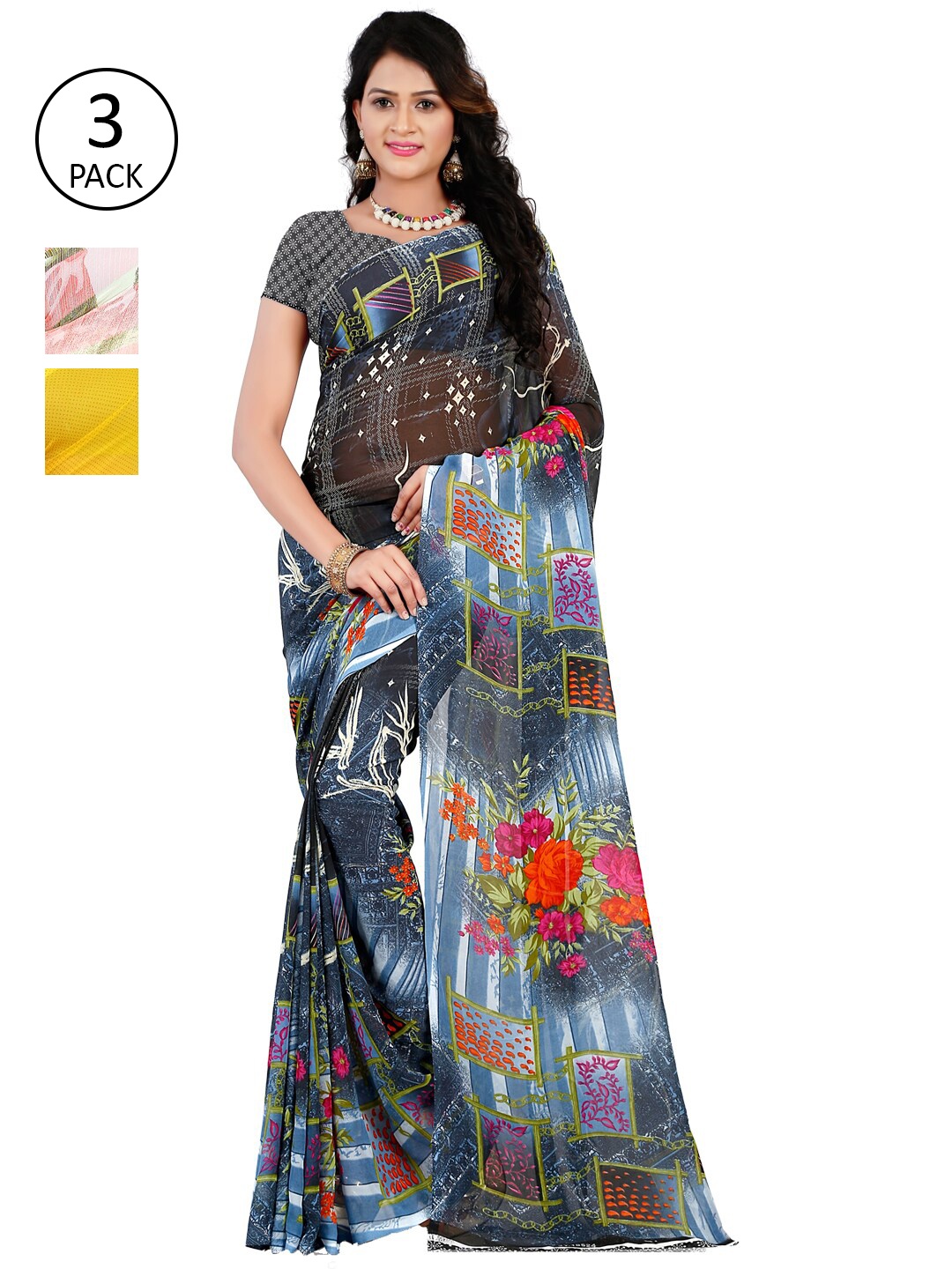 

ANAND SAREES Pack of 3 Printed Poly Georgette Saree, Yellow