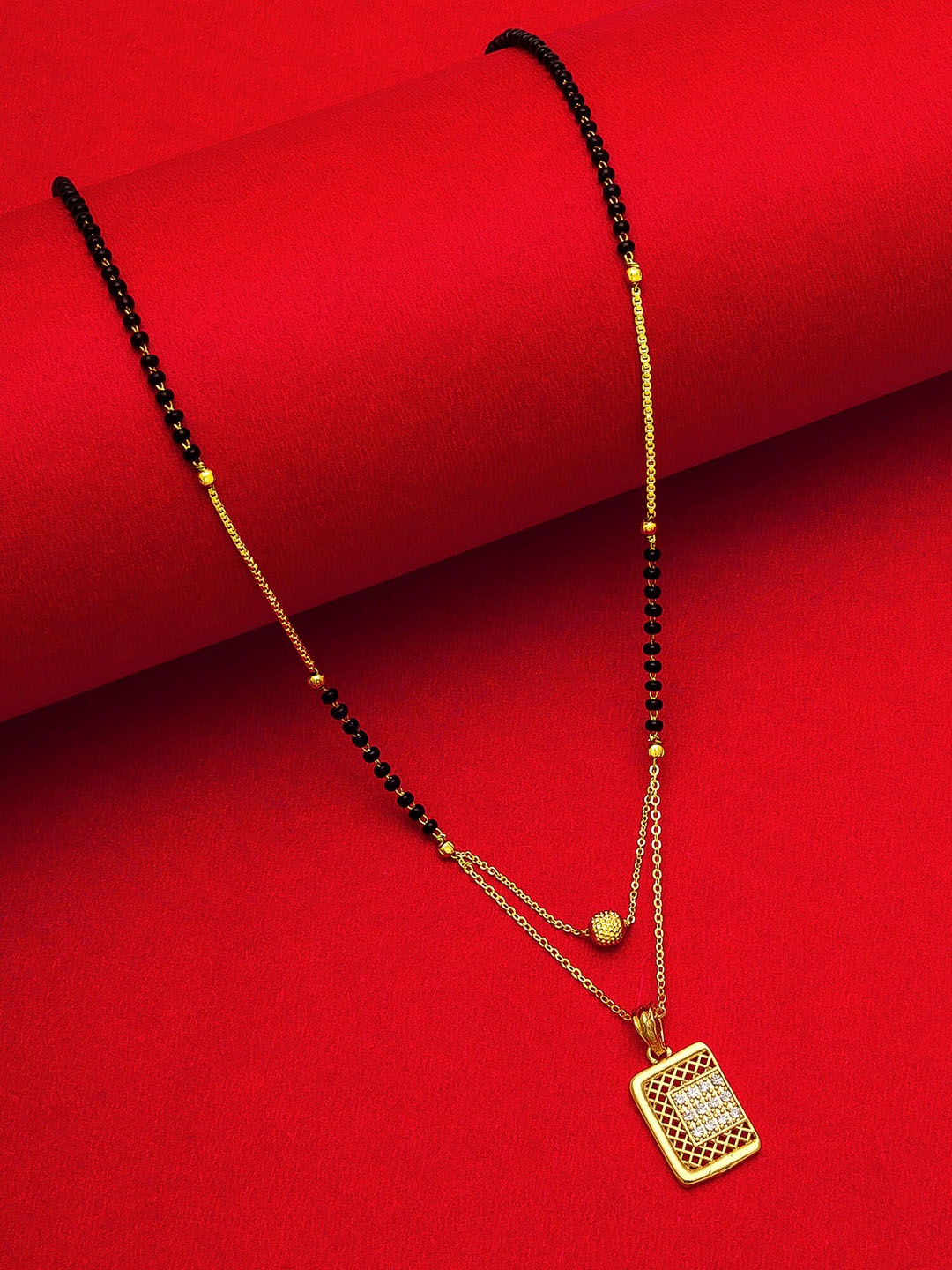 aadita Gold-Plated Black & White AD-Studded Beaded Mangalsutra