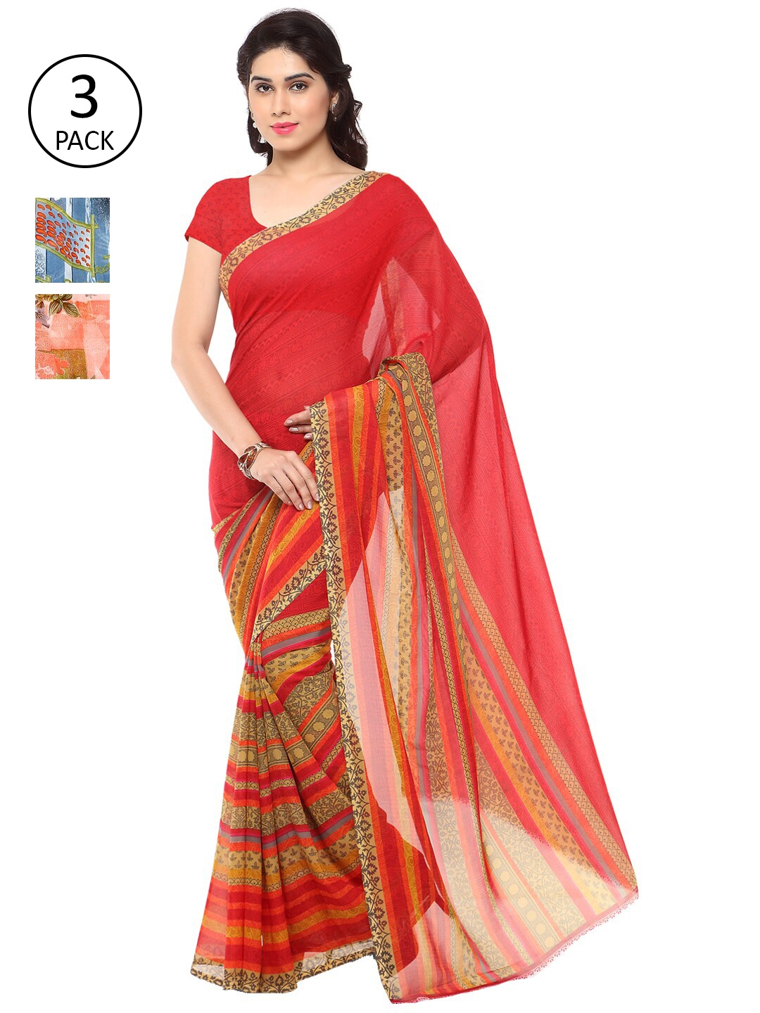 

ANAND SAREES Pack Of 3 Red & Navy Blue Floral Sarees