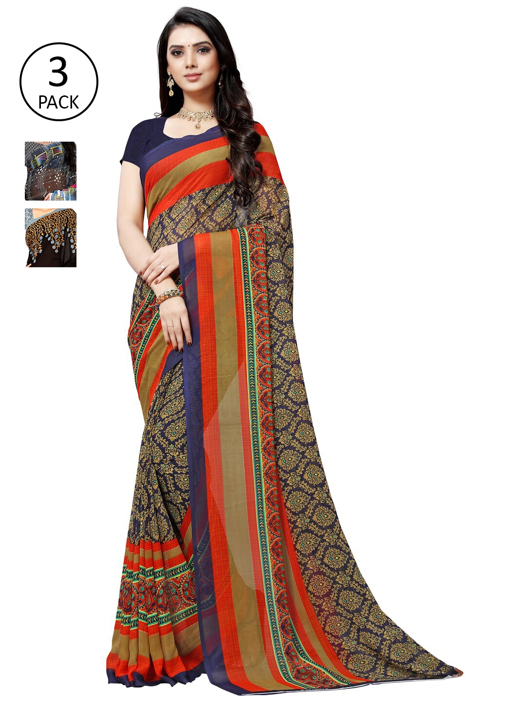 

ANAND SAREES Pack of 3 Printed Poly Georgette Saree, Multi
