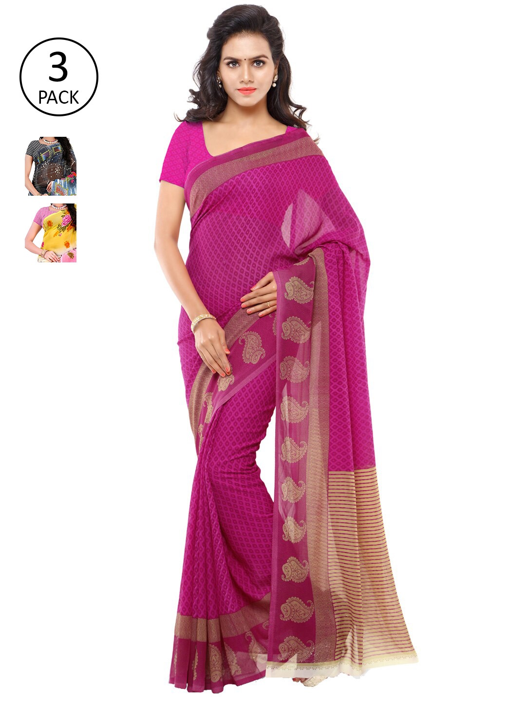 ANAND SAREES Pack Of 3 Pink & Blue Poly Georgette Floral Saree