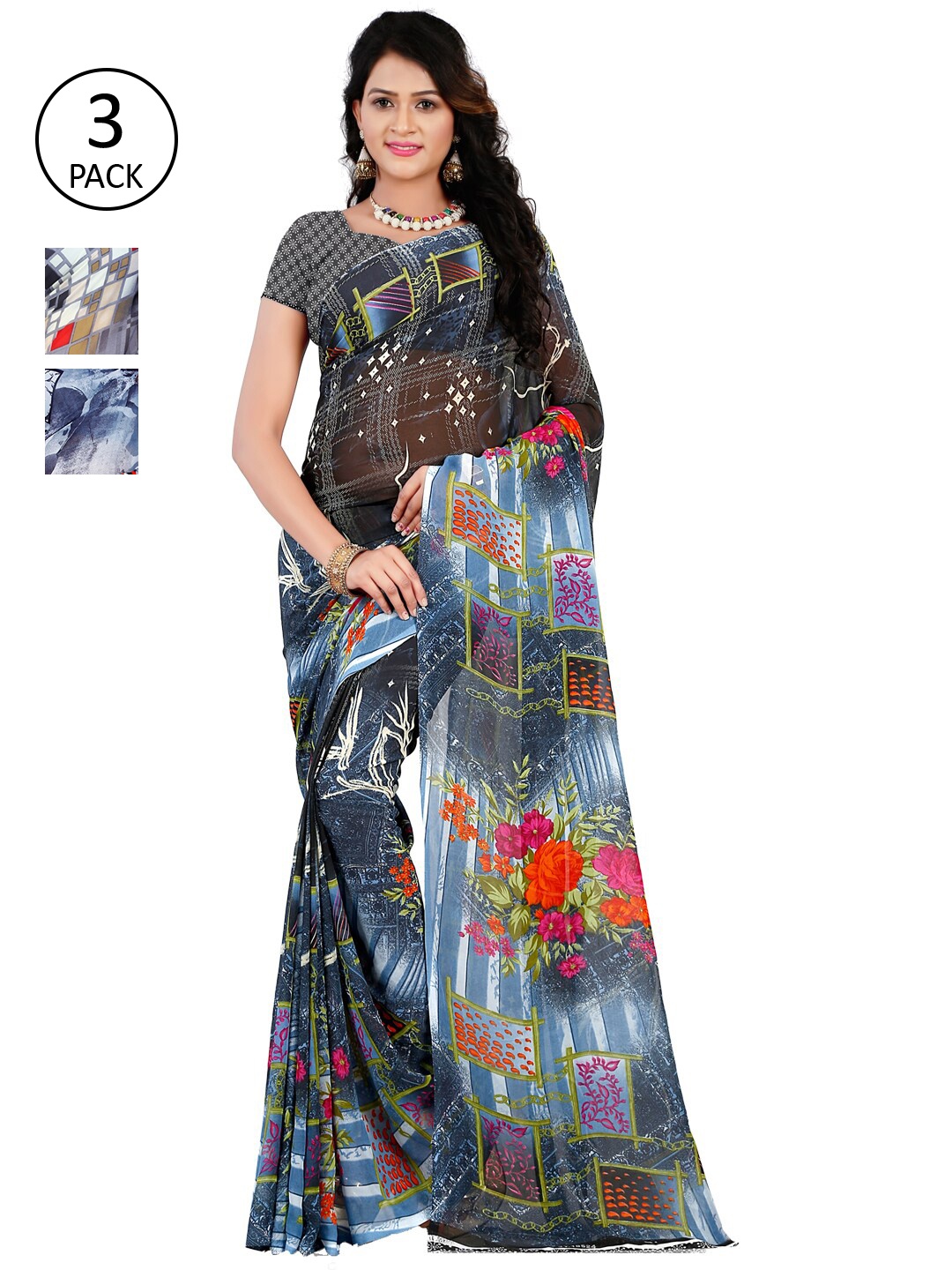 

ANAND SAREES Pack of 3 Printed Poly Georgette Saree, Multi