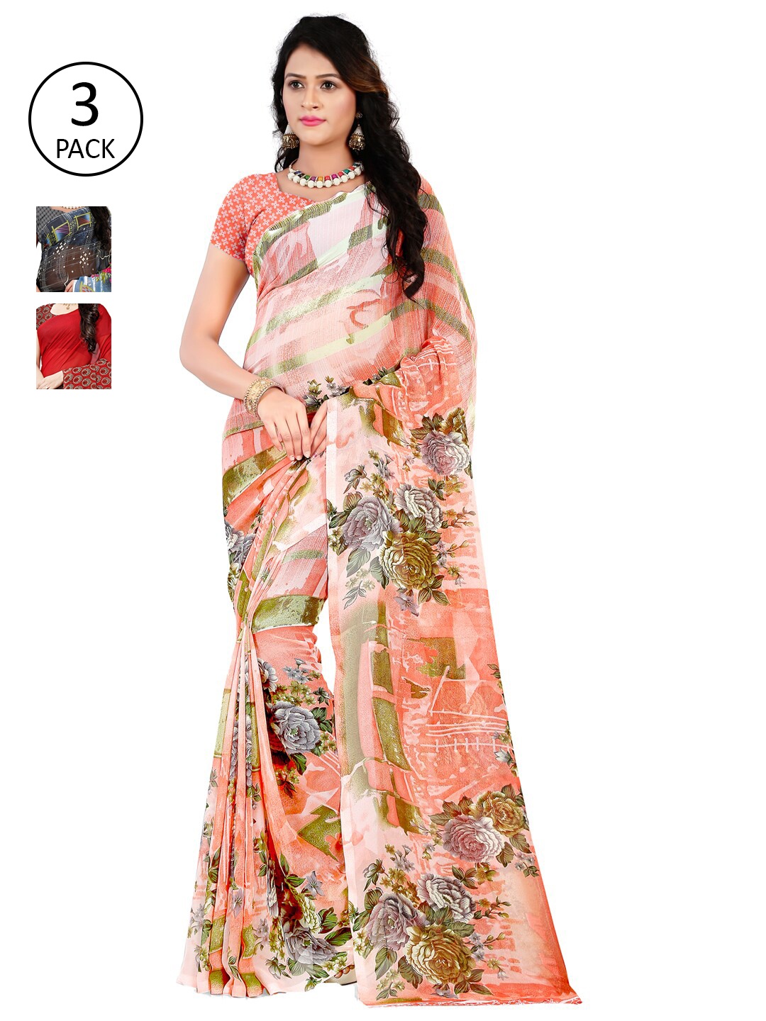 

ANAND SAREES Pack Of 3 Peach & Red Floral Sarees
