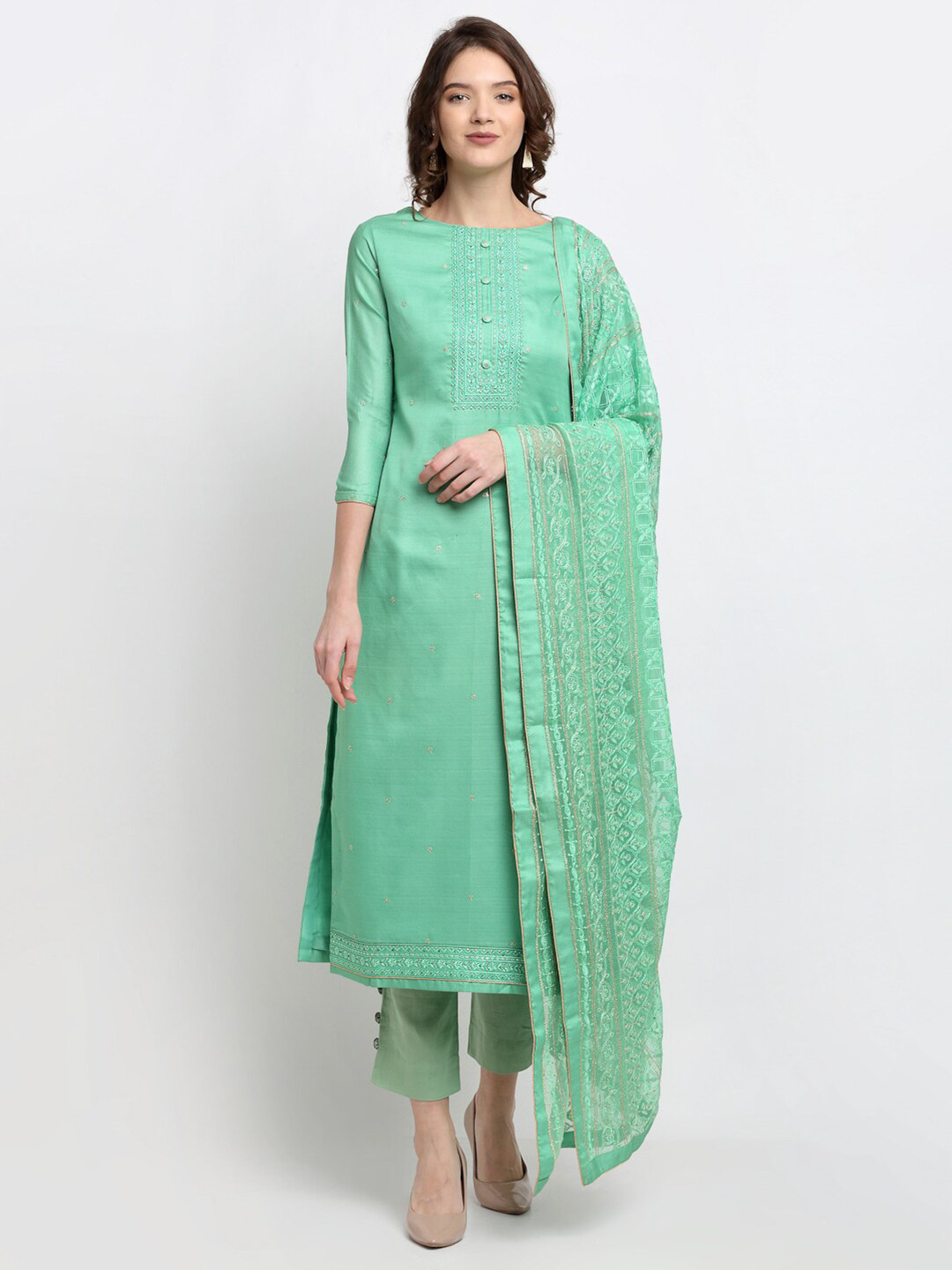 

Stylee LIFESTYLE Green Embroidered Pure Silk Unstitched Dress Material