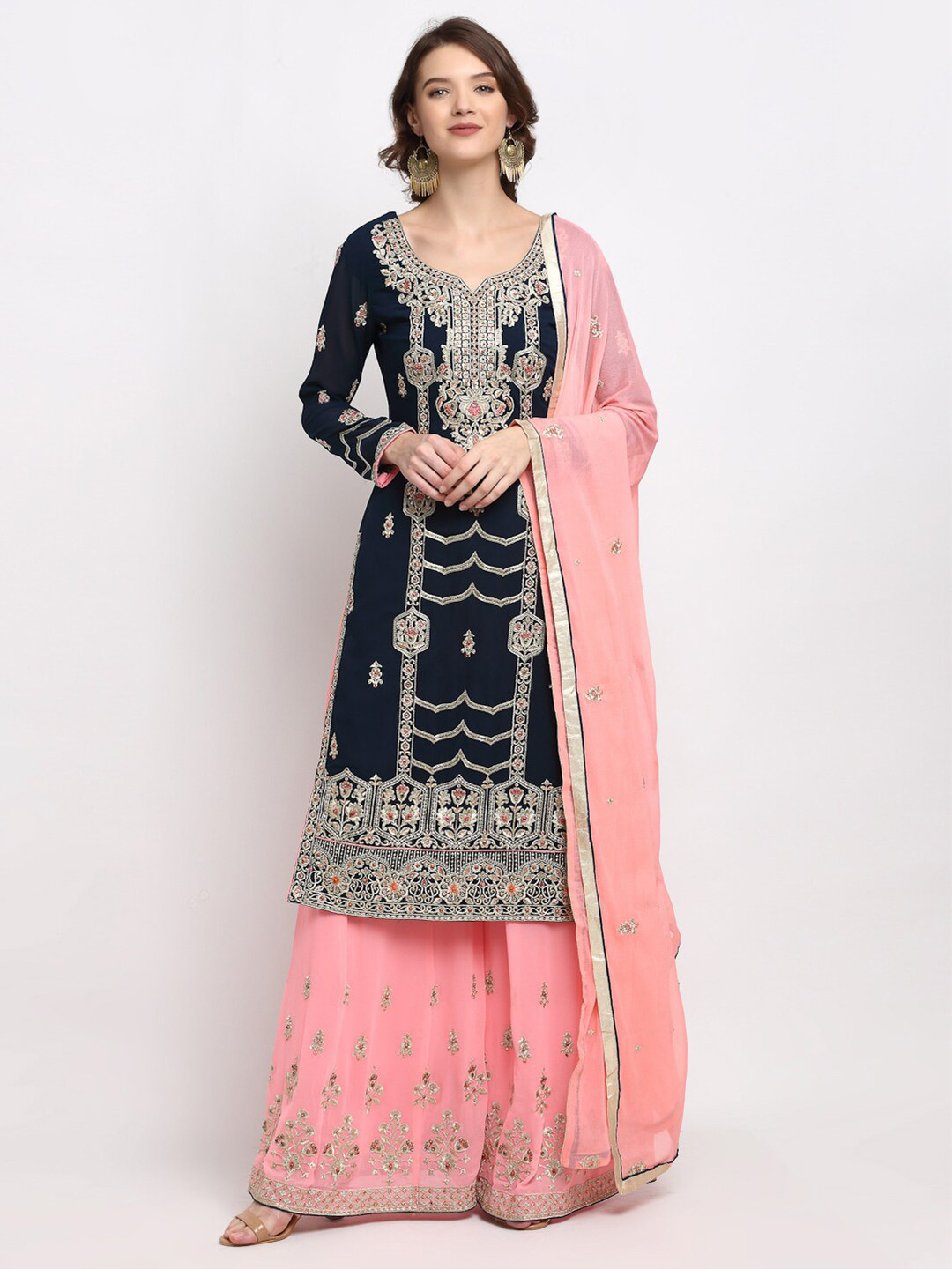 

Stylee LIFESTYLE Navy Blue & Pink Embellished Semi-Stitched Dress Material