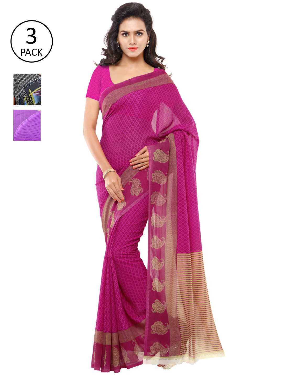 

ANAND SAREES Pack Of 3 Poly Georgette Floral Sarees, Pink