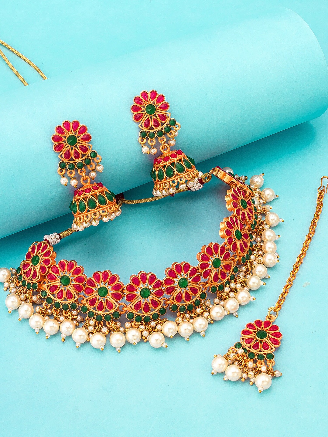 

aadita Gold-Plated Pink & Green Stone-Studded & Pearl Beaded Temple Jewellery Set