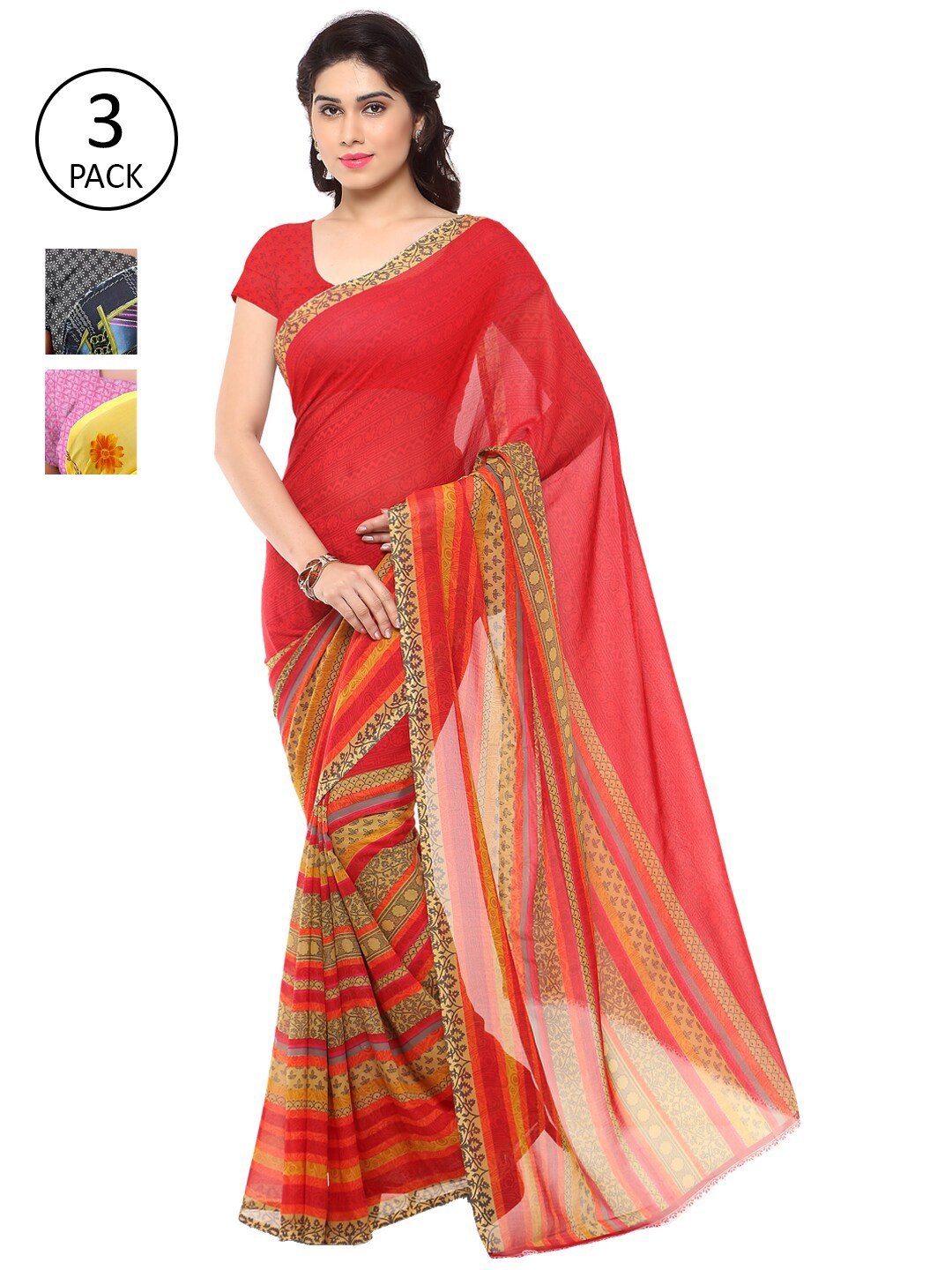 

ANAND SAREES Pack Of 3 Pink & Red Poly Georgette Floral Saree