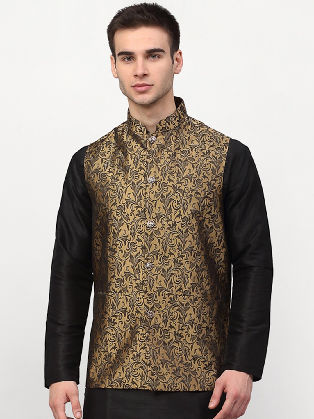 

Jompers Men Golden Woven Design Nehru Jacket, Gold