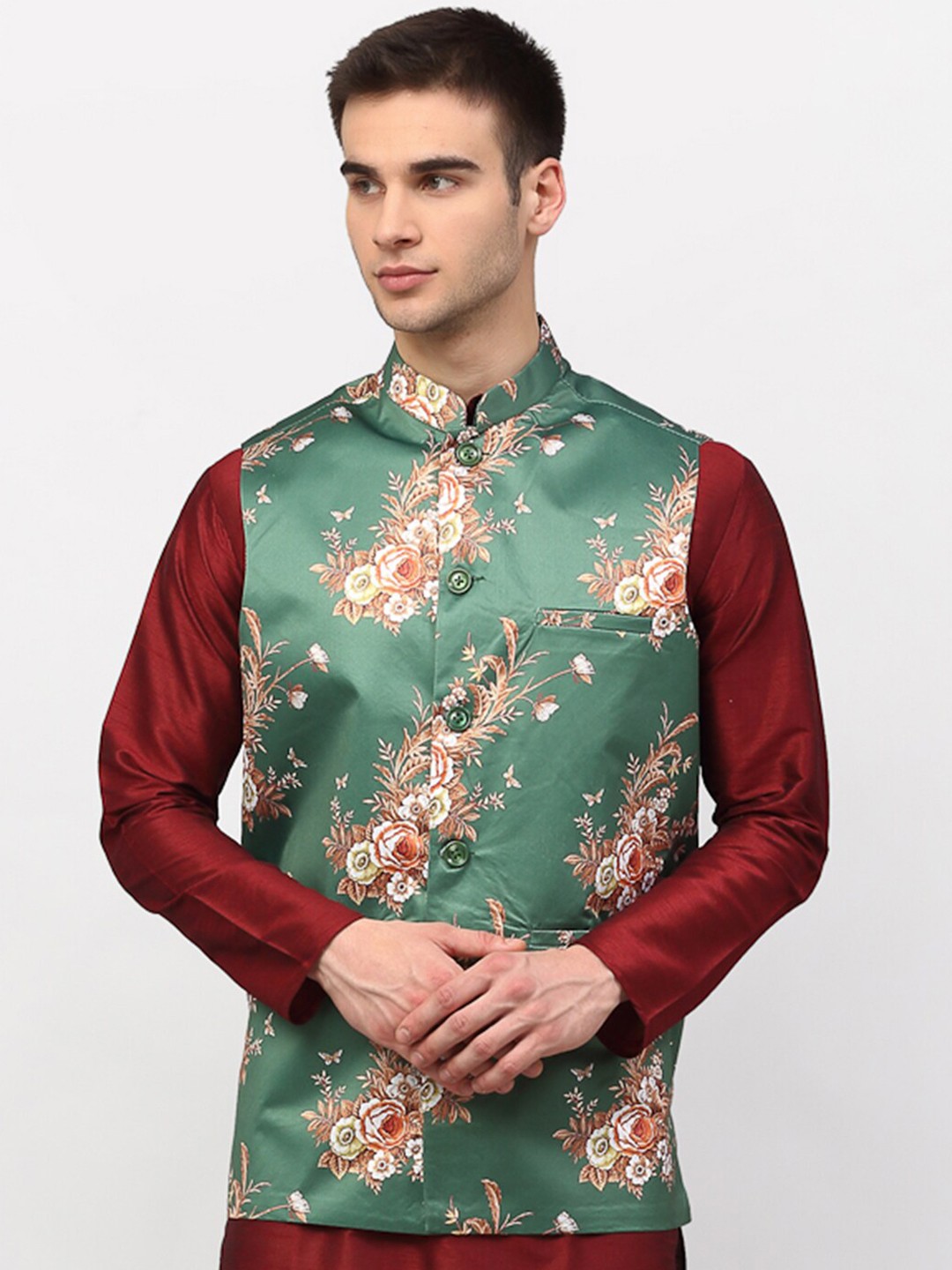 

Jompers Men Green Floral Print Satin Nehru Jacket
