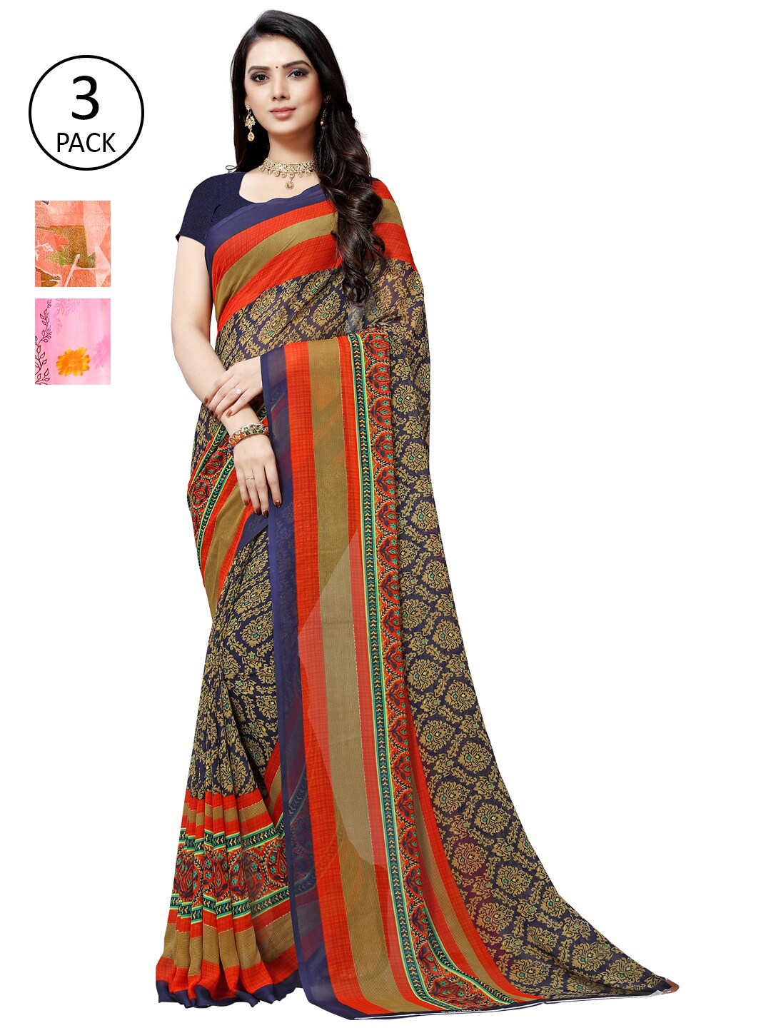 

ANAND SAREES Pack of 3 Poly Georgette Sarees, Peach