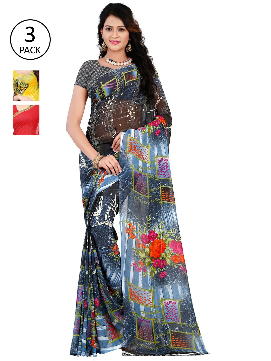 

ANAND SAREES Pack Of 3 Grey & Orange Poly Georgette Floral Saree