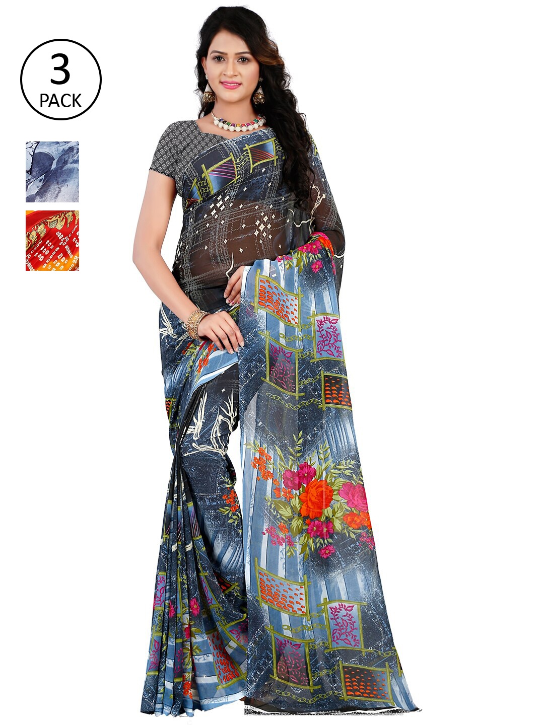 

KALINI Pack of 3 Printed Poly Georgette Saree, Multi