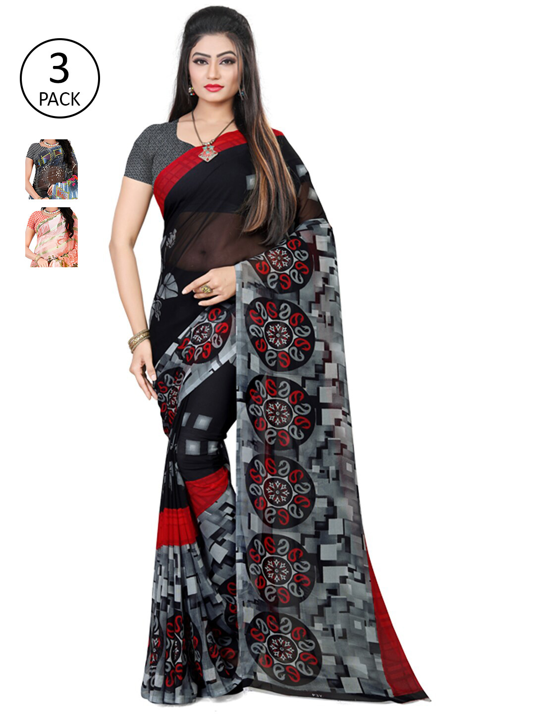 

ANAND SAREES Pack Of 3 Poly Georgette Floral Sarees, Black