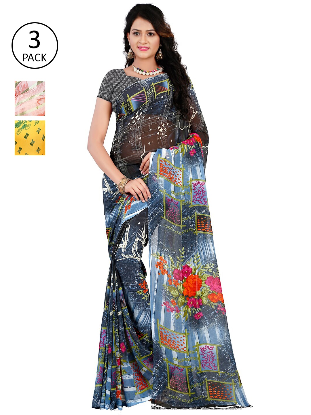 

ANAND SAREES Pack Of 3 Grey & Orange Poly Georgette Floral Saree