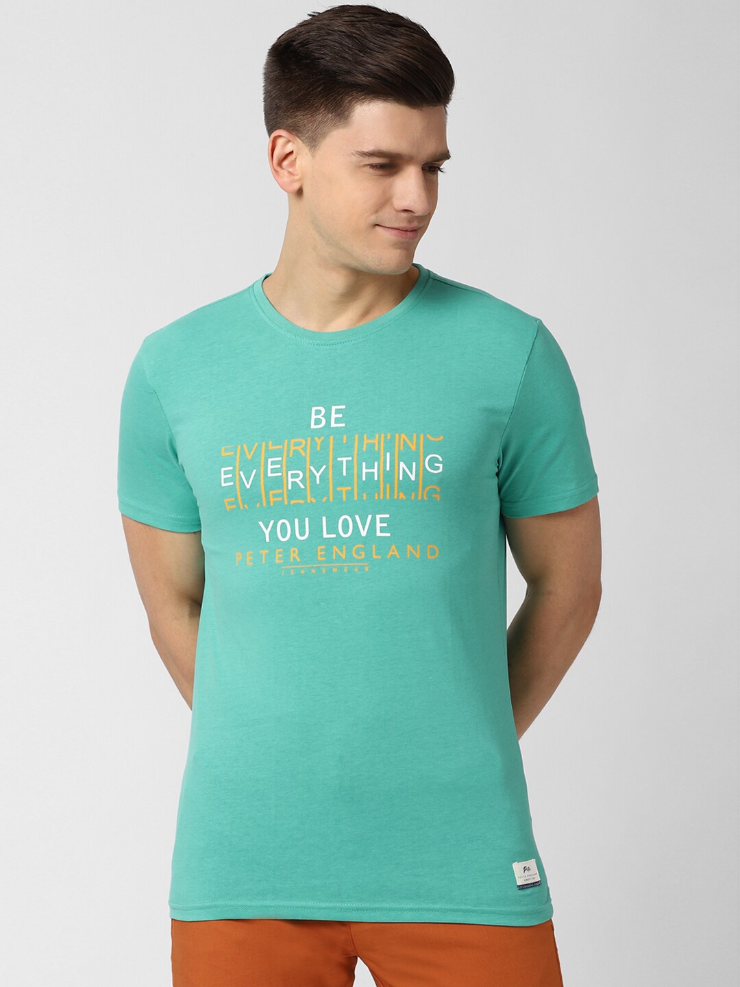 

Peter England Casuals Men Green Typography Printed Applique T-shirt