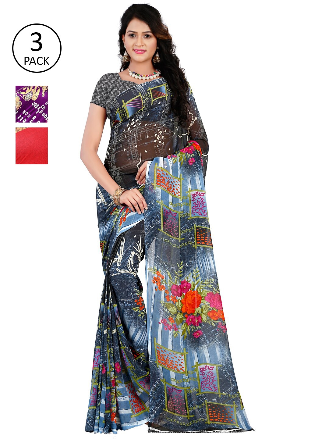 

KALINI Pack Of 3 Blue & Red Poly Georgette Floral Saree