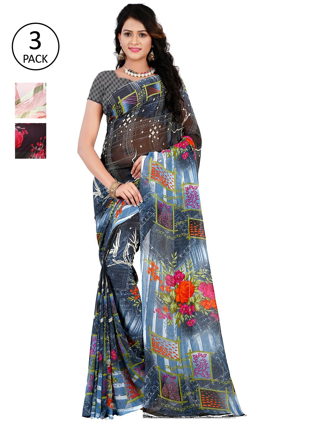 

ANAND SAREES Pack Of 3 Poly Georgette Floral Sarees, Pink