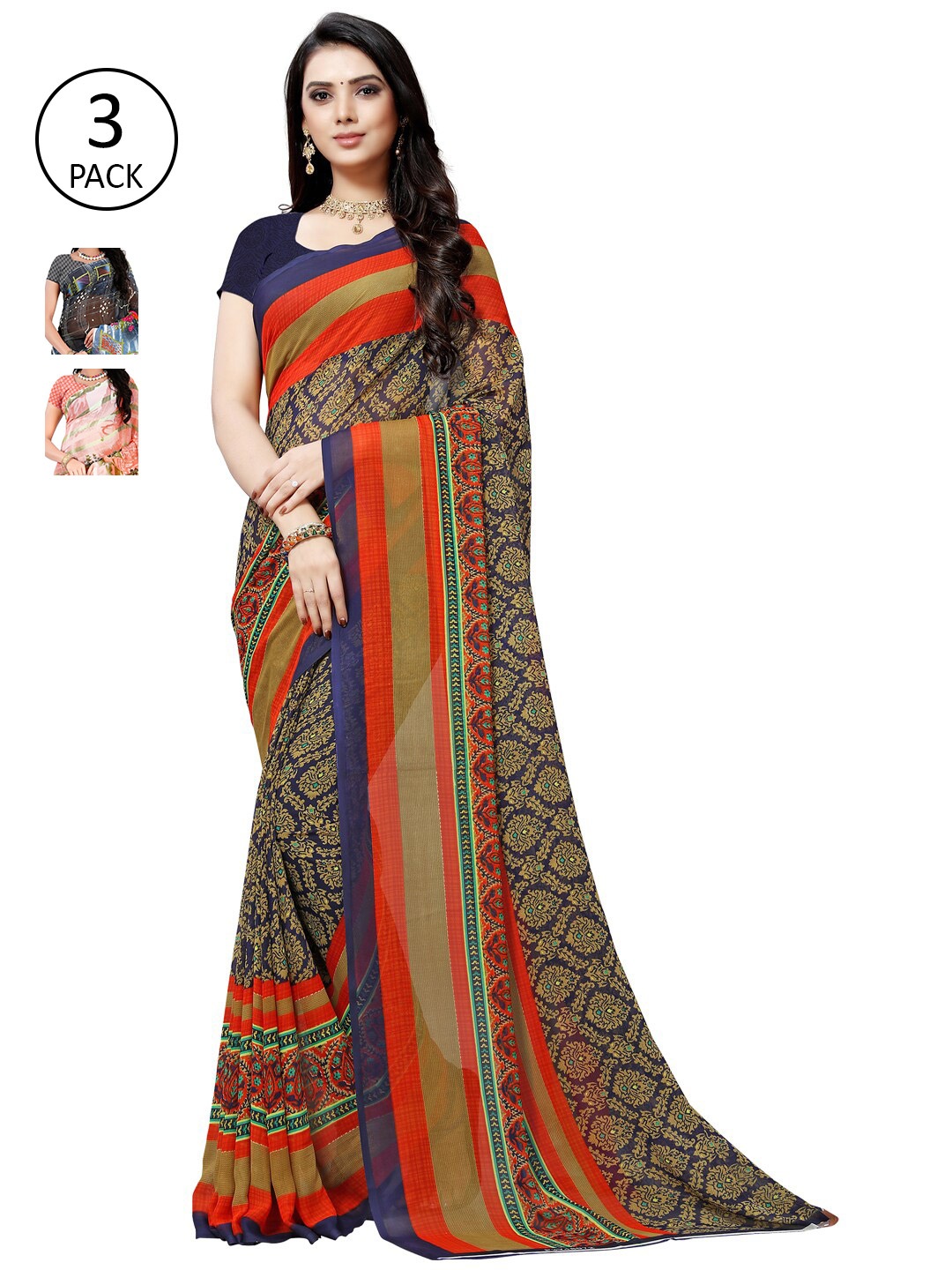 

ANAND SAREES Pack of 3 Poly Georgette Saree, Peach