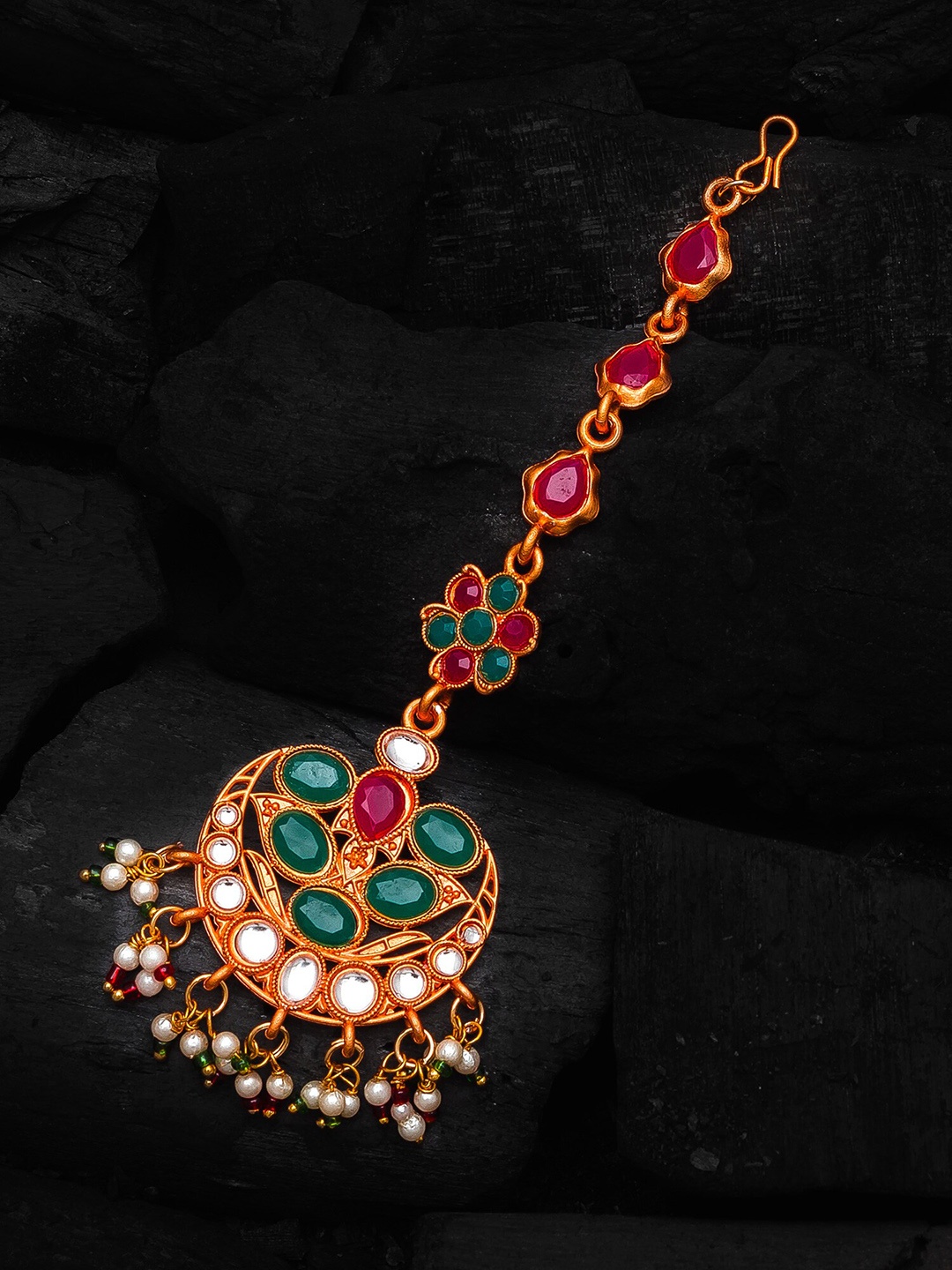 

aadita Gold-Plated Pink & Green Stone-Studded White Beaded Handcrafted Maang Tikka