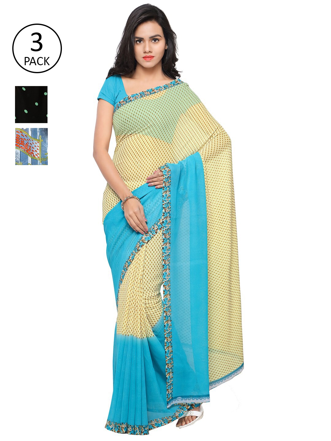 ANAND SAREES Pack of 3 Poly Georgette Saree, Black